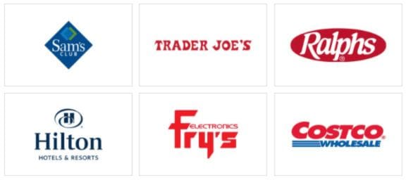 Logos of businesses we worked with such as Sam's club, Trader Joe, Ralphs, Hilton hotels & resorts, Fry's Electronics and Costco Wholesale