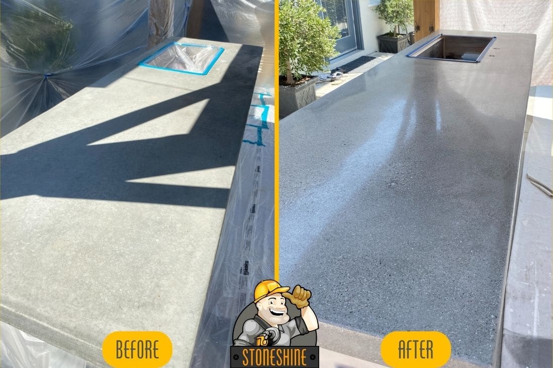 Polished concrete countertop after detailed polishing in Newport Beach, showcasing a shiny, smooth finish.