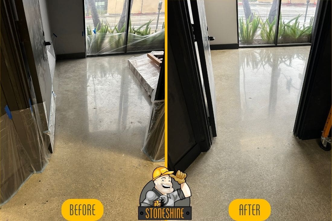 Before and after of concrete floor cleaning and sealing in Beverly Hills, highlighting enhanced clarity after the cleaning and sealing service.