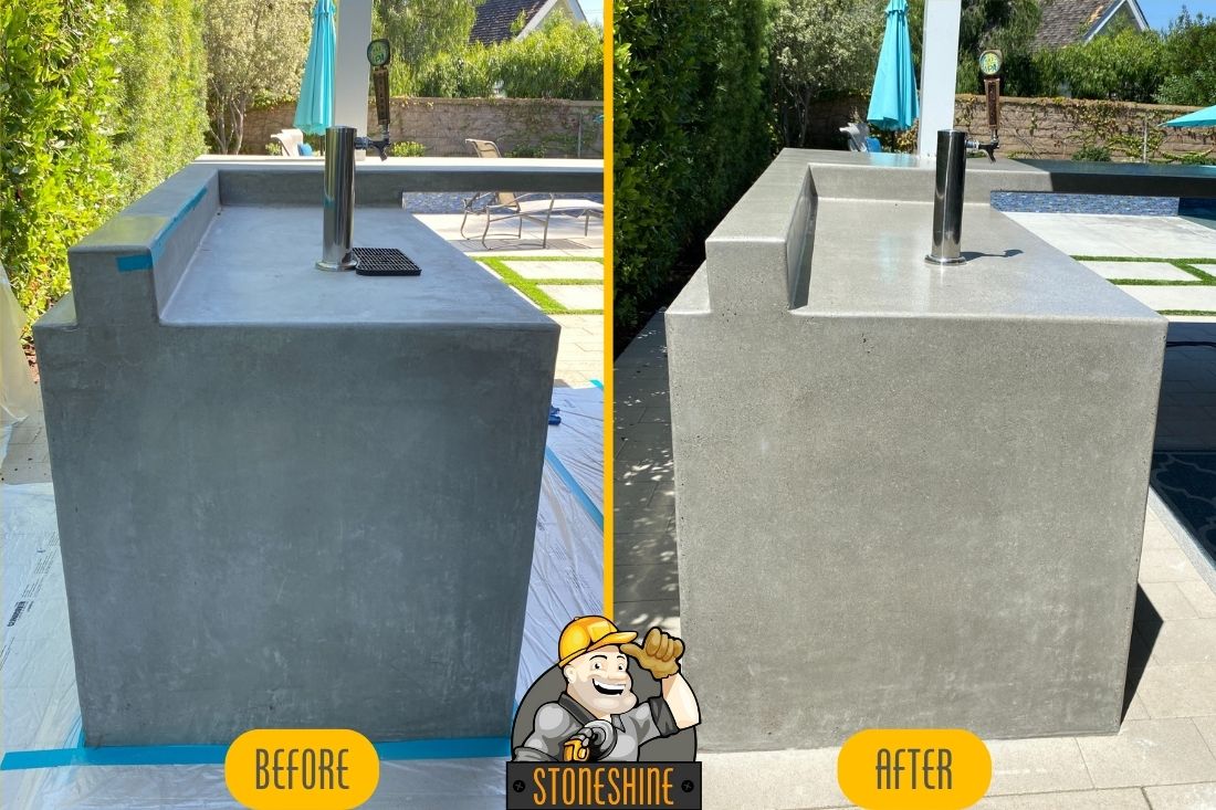 Before and after comparison of a concrete kitchen countertop transformation in Los Angeles, highlighting StoneShine's work. The countertop appears smoother giving it a sleek, polished finish.