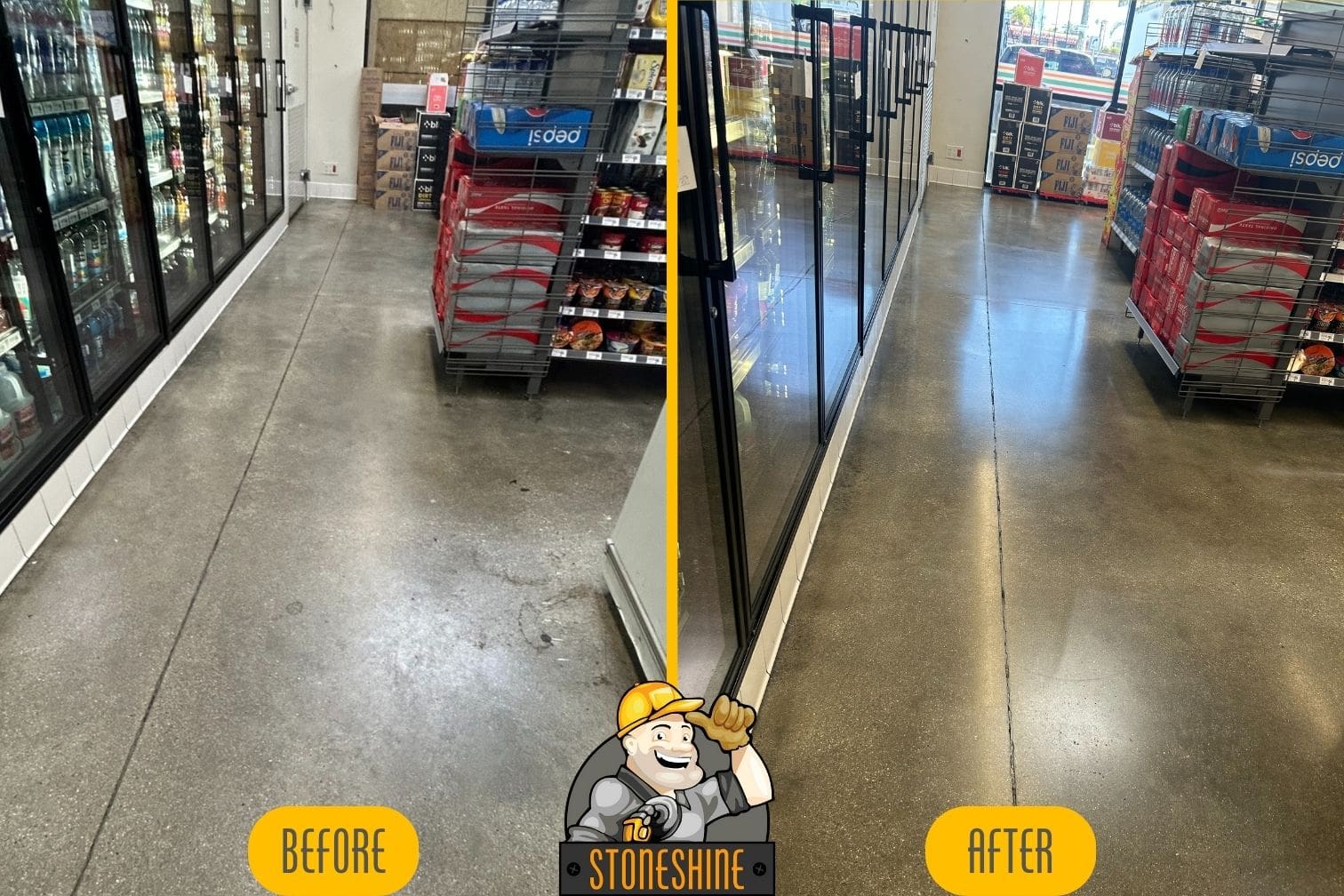 Before and after comparison of concrete floor cleaning and sealing in a Los Angeles retail store, highlighting the improved shine and cleanliness after StoneShine's service.