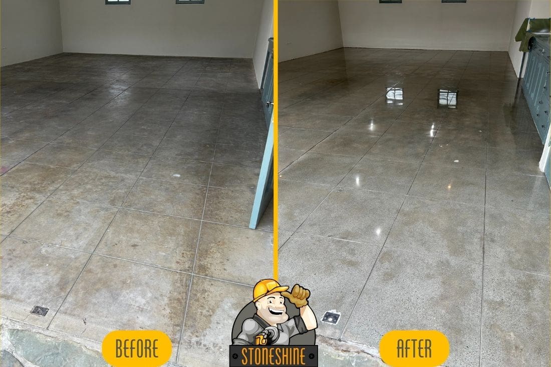 Before and after comparison of concrete floor restoration in Whittier, showcasing grinding, polishing, and sealing for a smooth, glossy finish.