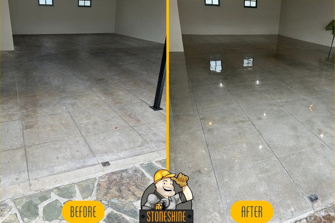 Before and after images of concrete floor restoration in Whittier, highlighting the transformation through grinding, polishing, and sealing for a glossy finish.