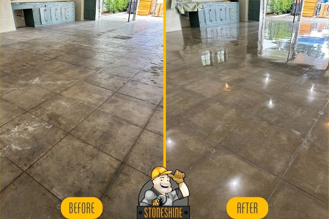 Before and after photos of concrete floor restoration in Whittier, displaying the results of grinding, polishing, and sealing for a glossy finish.