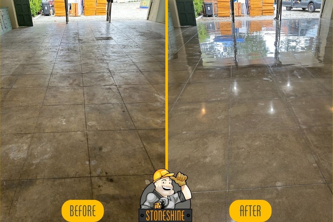 Before and after images of concrete floor restoration in Whittier, showing significant improvement after grinding, polishing, and sealing for a reflective, polished surface.