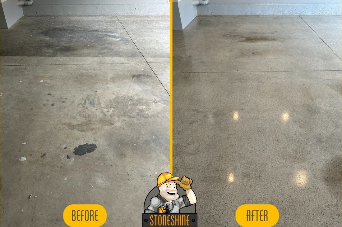 Before and after of a concrete garage floor restoration in Irvine, showcasing the transformation to a smooth, level 2 polished concrete finish.