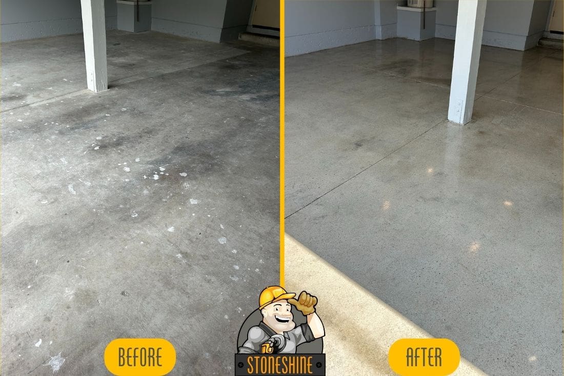 Before and after of a concrete garage floor restoration in Irvine, featuring a smooth and polished concrete finish with a refined appearance.