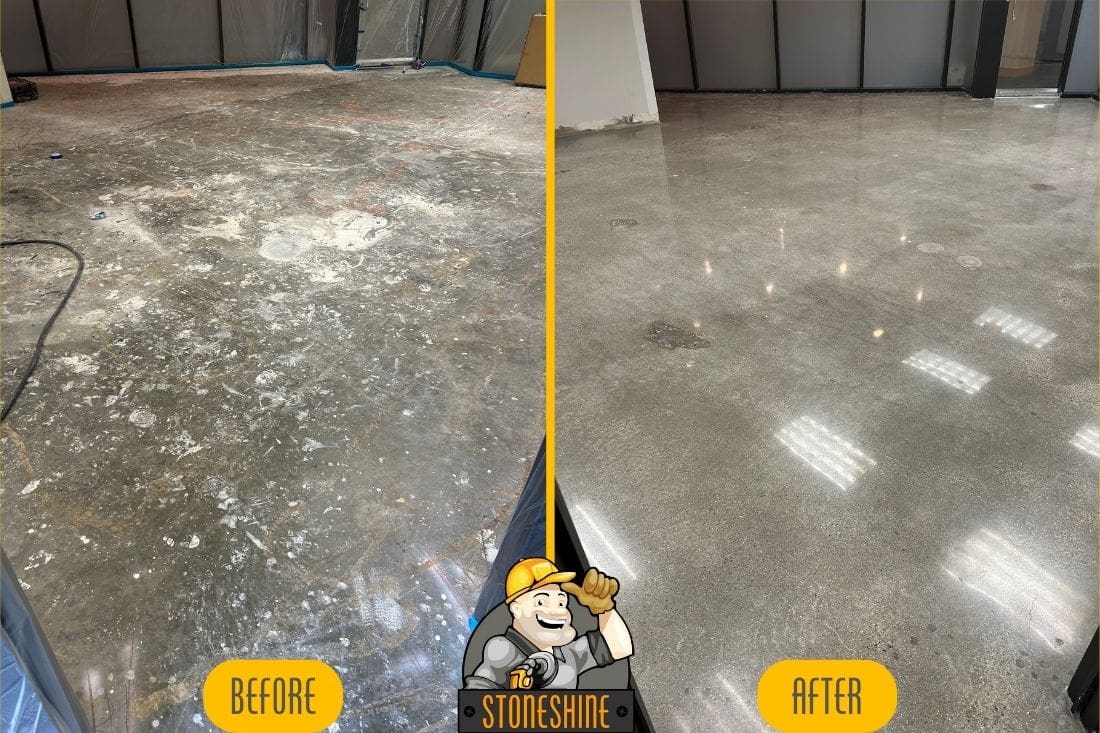 Before and after transformation of concrete grinding and polishing in a Beverly Hills commercial space by StoneShine Floor Care, showing a smooth, polished, non-slippery concrete floor ideal for high-traffic areas.