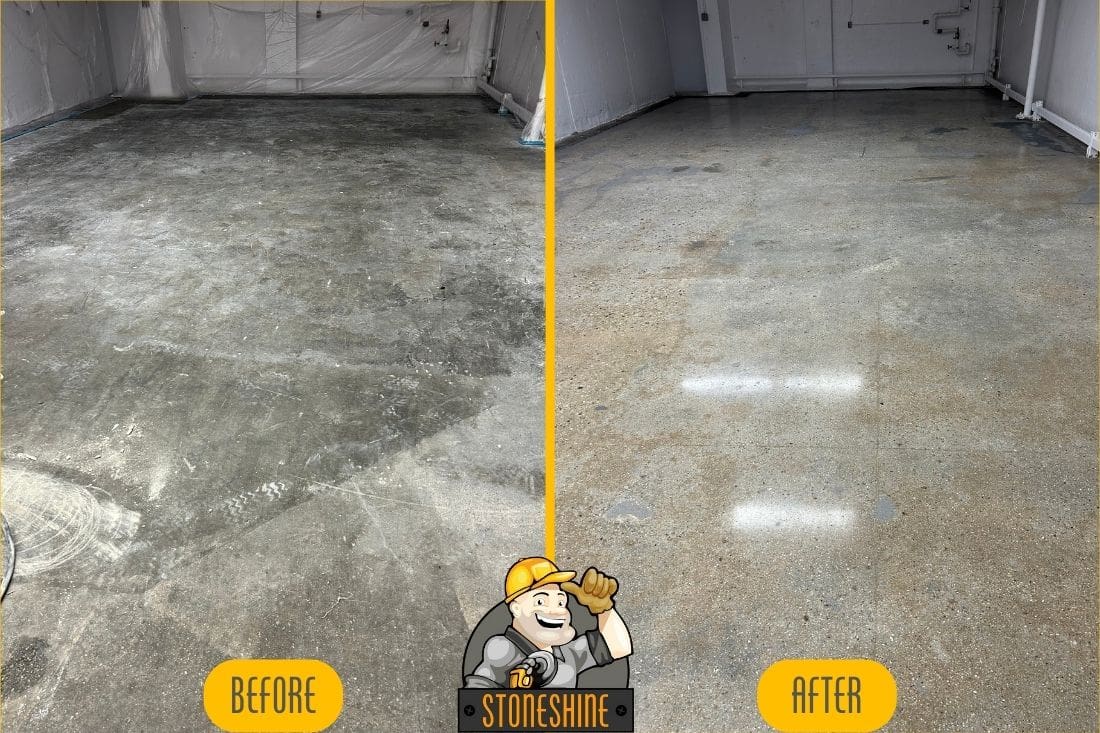 Before and after comparison of a concrete floor refinishing project in Chino Hills, showing a rough, unfinished surface transformed into a smooth, polished concrete floor with a moderate sheen.