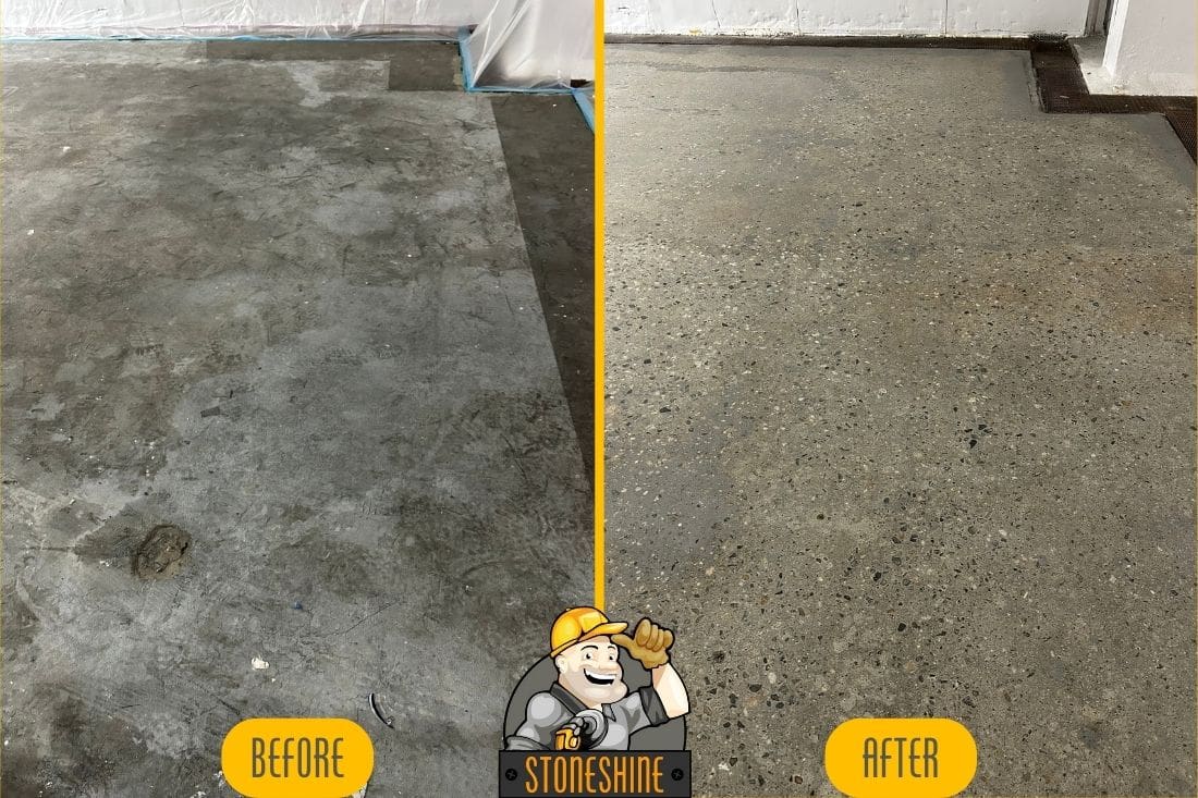 Before and after comparison of a concrete grinding and polishing project, showing a rough concrete surface transformed into a smooth, polished floor with exposed aggregate and a satin finish.