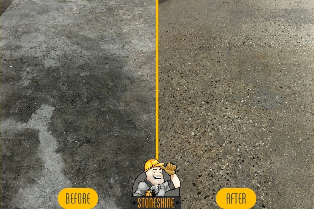 Before and after image showing the transformation of a rough concrete surface into a polished floor with exposed aggregate and a smooth, satin finish.