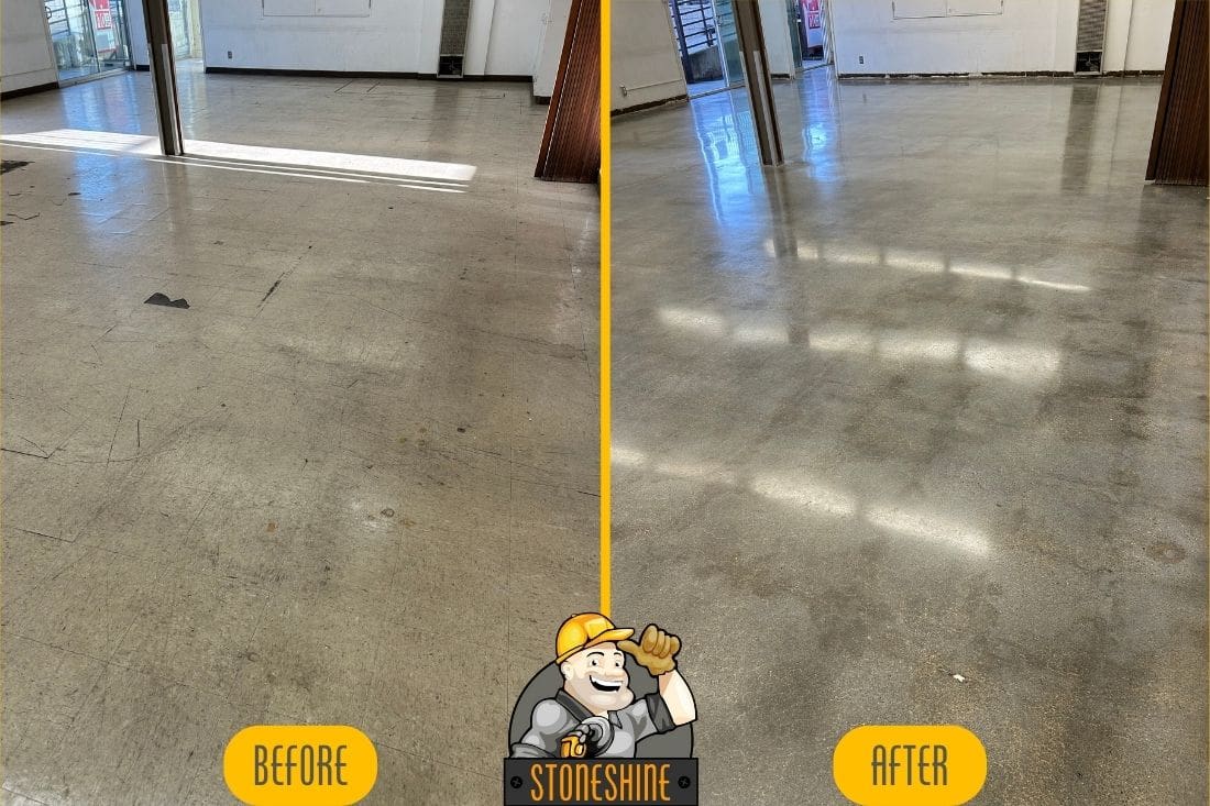 Before and after comparison of commercial concrete floor grinding and polishing in Los Angeles by StoneShine. Significant improvement in surface quality, showcasing the restoration from a dull, worn floor to a polished, reflective finish.