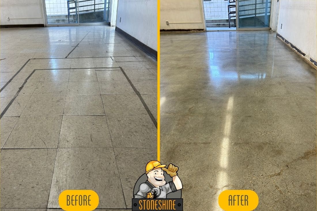 Before and after of concrete floor grinding and polishing in a commercial space, Los Angeles. Transformation from a scratched, dull surface to a smooth, polished finish, enhancing the floor's appearance and durability.