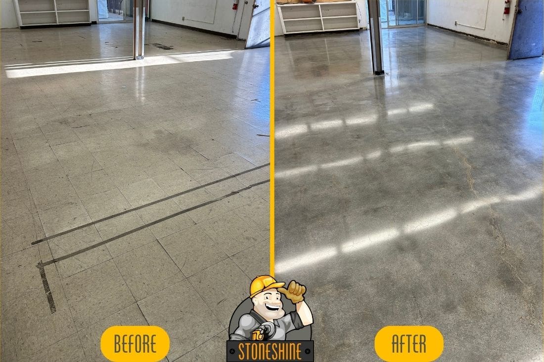 Before and after comparison of a commercial concrete floor in Los Angeles, highlighting the transformation through grinding and polishing. The floor is restored from a marked, worn state to a smooth, polished finish.