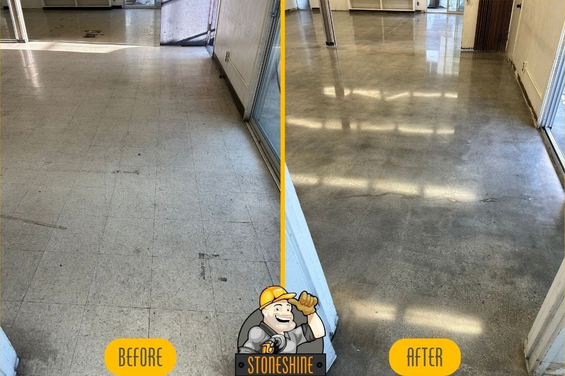 Before and after of a commercial concrete floor in Los Angeles, showcasing the results of grinding and polishing. The floor transitions from a dull, scratched surface to a smooth, glossy finish, enhancing its appearance and durability.