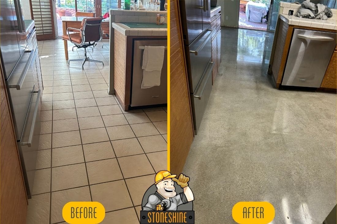 Before and after of a kitchen floor transformation from tile to polished concrete, showcasing a modern and glossy finish in a residential space.