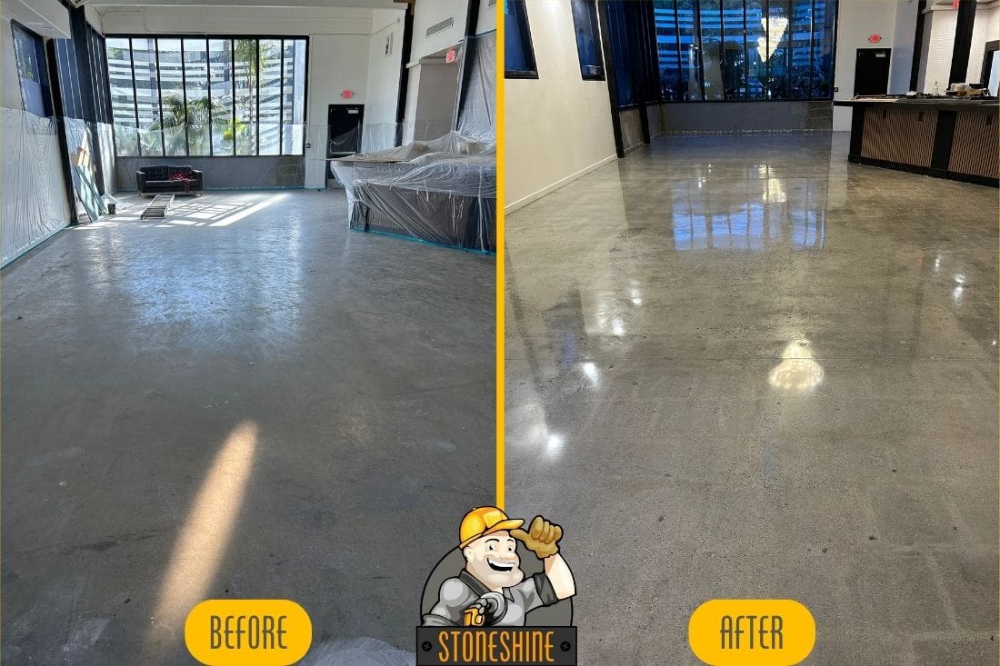 Before and after comparison of a commercial concrete floor in Gardena, showing the transformation through grinding and polishing by StoneShine.