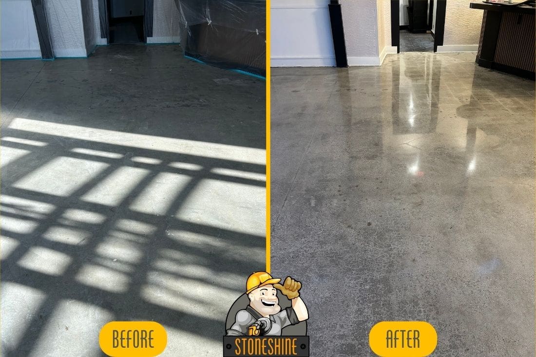 Before and after comparison of a commercial concrete floor in Gardena, showcasing the results of grinding and polishing by StoneShine.