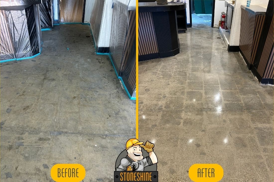 Before and after comparison of a commercial concrete floor in Gardena, highlighting the results of grinding and polishing by StoneShine.