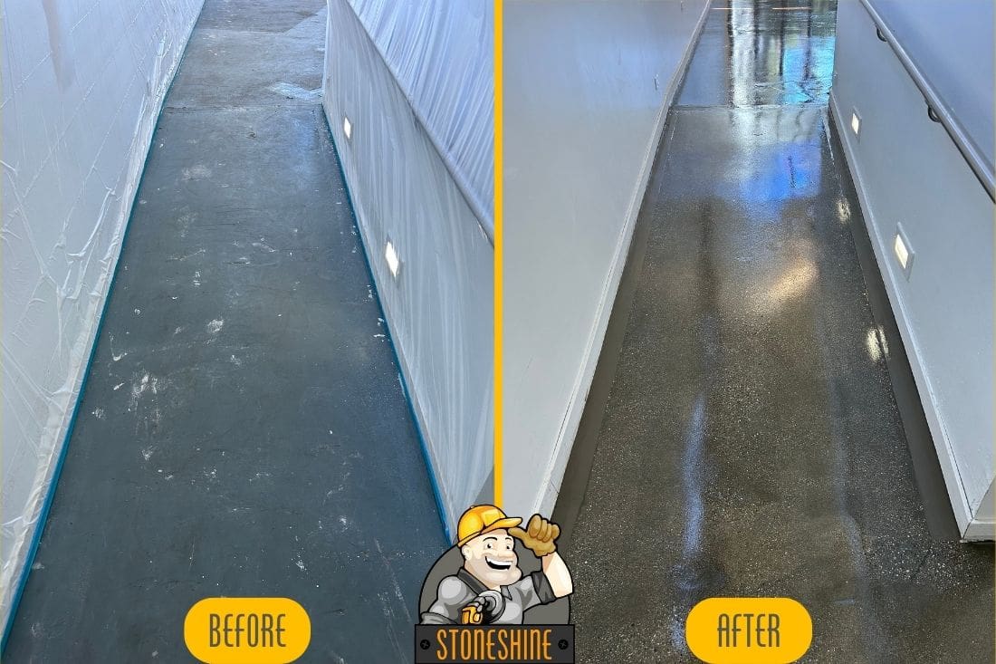 Before and after comparison of a narrow commercial concrete hallway in Gardena, showcasing grinding, polishing, and sealing work by StoneShine.