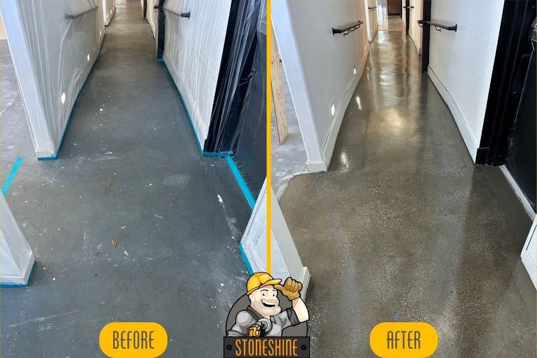 Before and after comparison of a commercial concrete hallway in Gardena, highlighting grinding, polishing, and sealing work by StoneShine.