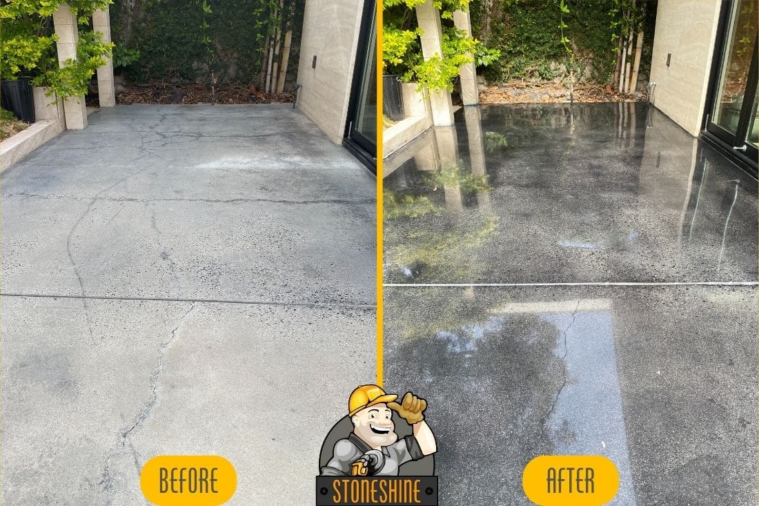 Concrete grinding, polishing, and sealing project in Manhattan Beach - before and after transformation showing cracked, dull concrete restored to a smooth, glossy finish.