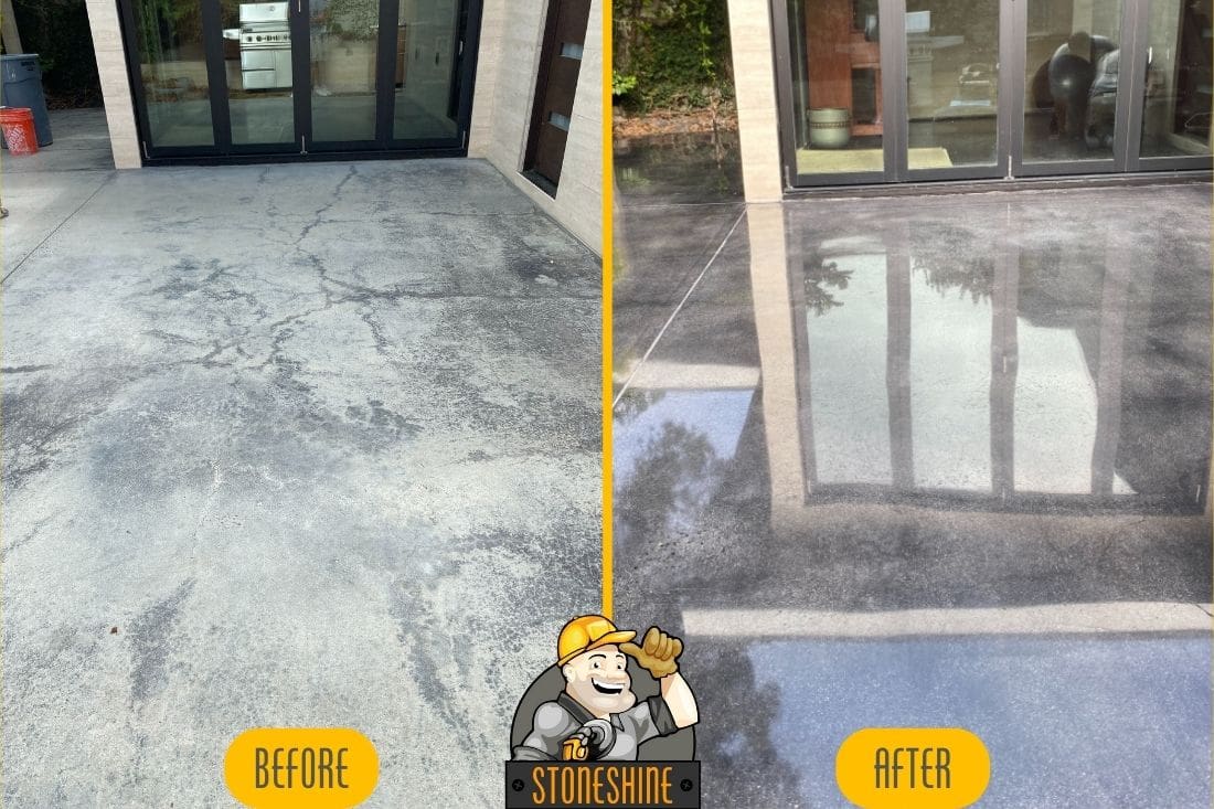 Manhattan Beach concrete floor restoration showing before and after results of grinding, polishing, and sealing, turning cracked, weathered concrete into a glossy, smooth surface.