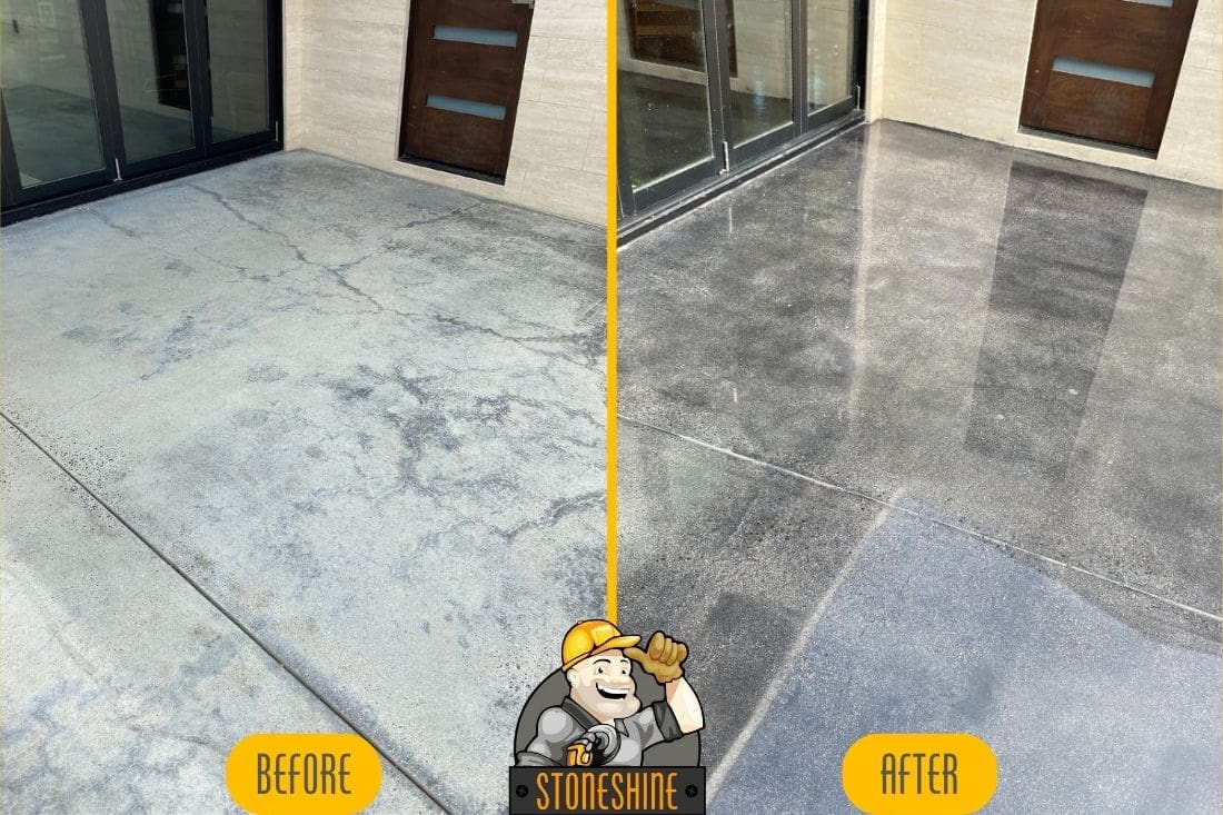 Before and after concrete floor grinding, polishing, and sealing in Manhattan Beach, showcasing the transformation from cracked, dull surface to a polished concrete floor.