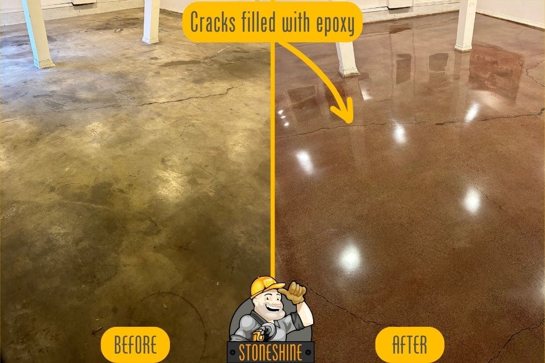 Before and after comparison of a garage floor in Fullerton, showcasing concrete grinding, polishing, staining, and sealing. The cracks on the floor were filled with epoxy, transforming the dull, cracked surface into a smooth, polished finish.