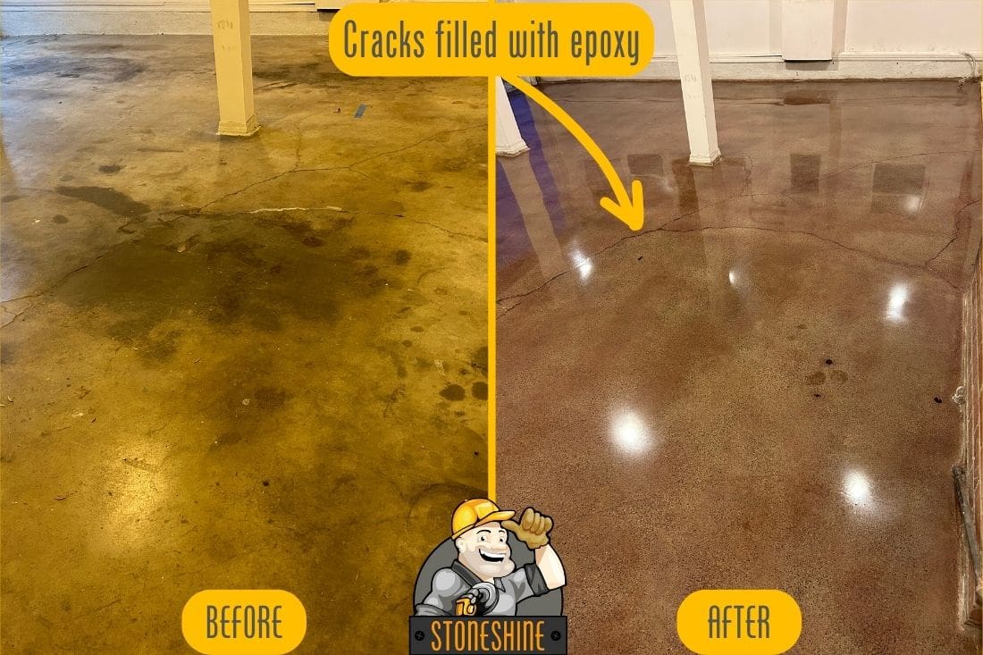 Before and after comparison of a garage floor in Fullerton, demonstrating concrete grinding, polishing, staining, and sealing. Epoxy was used to fill cracks, transforming the floor from a stained, cracked surface to a smooth, reflective polished finish.