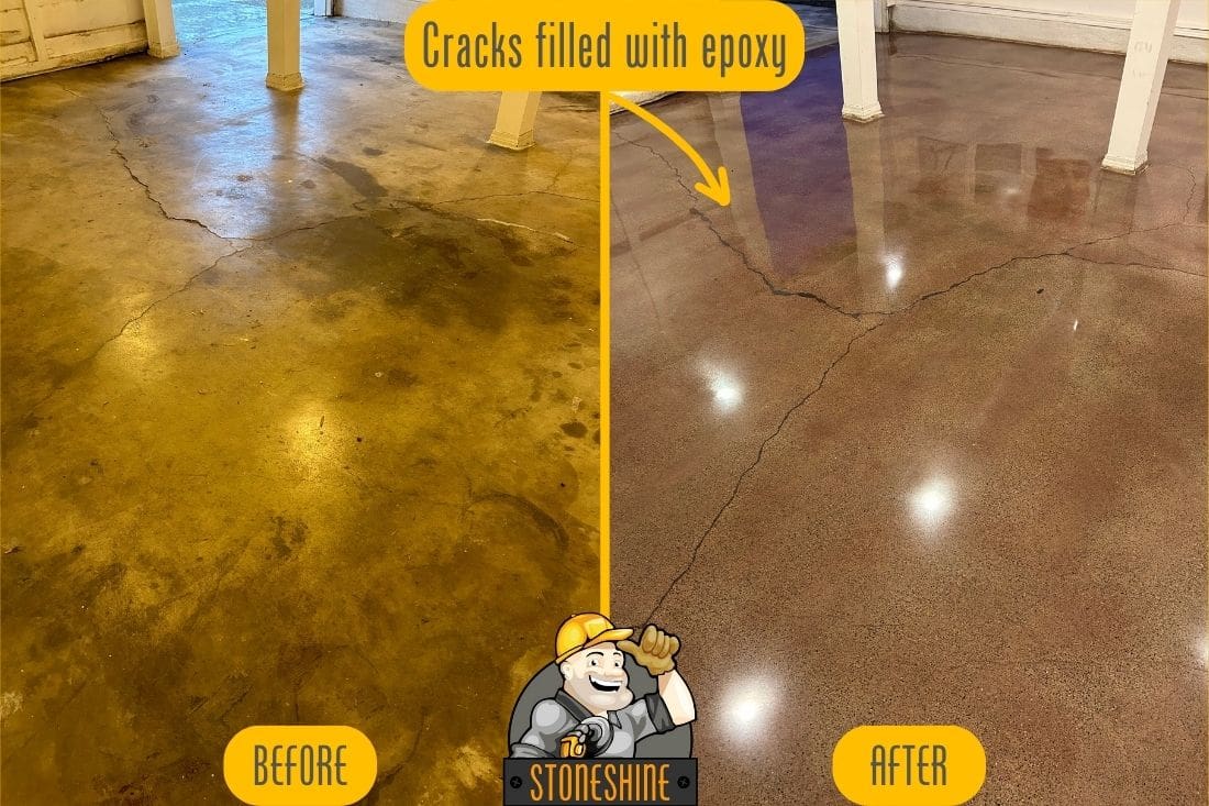 Before and after comparison of a garage floor in Fullerton, highlighting concrete grinding, polishing, staining, and sealing. Cracks were filled with epoxy, transforming the previously cracked and worn surface into a smooth, polished finish.