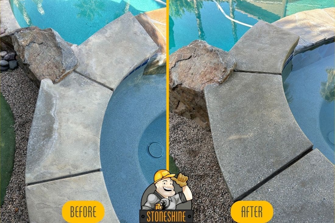 Before and after comparison of concrete hot tub restoration in Palm Desert, showcasing grinding, honing, polishing, and sealing by StoneShine.