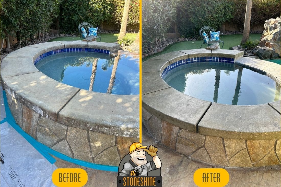 Concrete hot tub restoration in Palm Desert, highlighting the transformation after grinding, honing, polishing, and sealing by StoneShine.