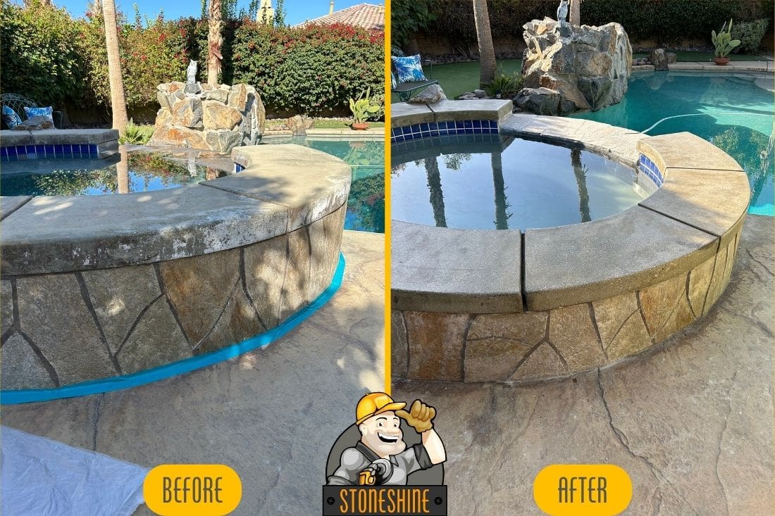 Before and after concrete hot tub restoration in Palm Desert, featuring grinding, honing, polishing, and sealing by StoneShine.