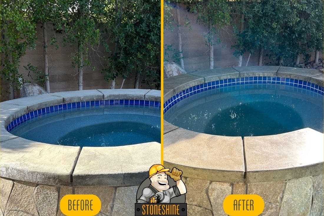 Concrete hot tub restoration in Palm Desert, highlighting the improved surface after grinding, honing, polishing, and sealing by StoneShine.