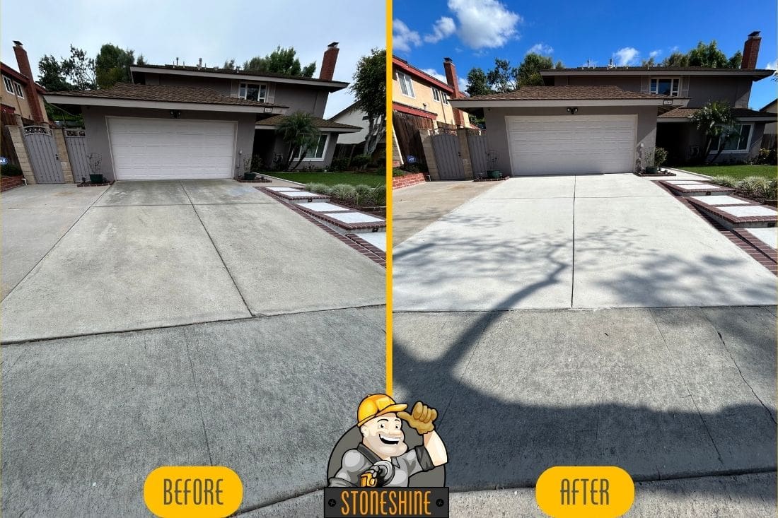 Before and after comparison of a concrete driveway restoration in Brea, showcasing surface deep cleaning, concrete grinding and sealing.