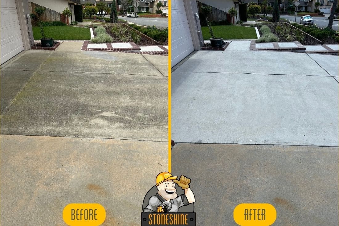 Before and after comparison of a concrete driveway restoration in Brea, highlighting deep cleaning, surface grinding, and sealing for longevity.