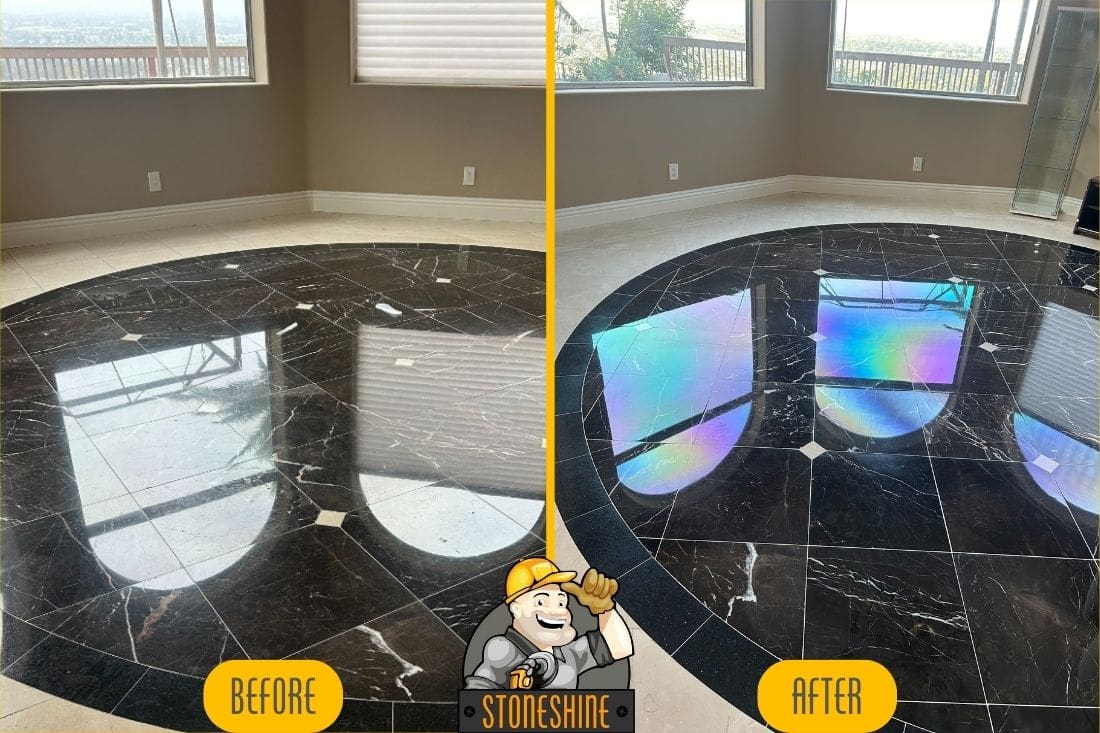 Before and after comparison of marble floor restoration in Calabasas, showcasing the enhanced shine and reflection after professional polishing by StoneShine.