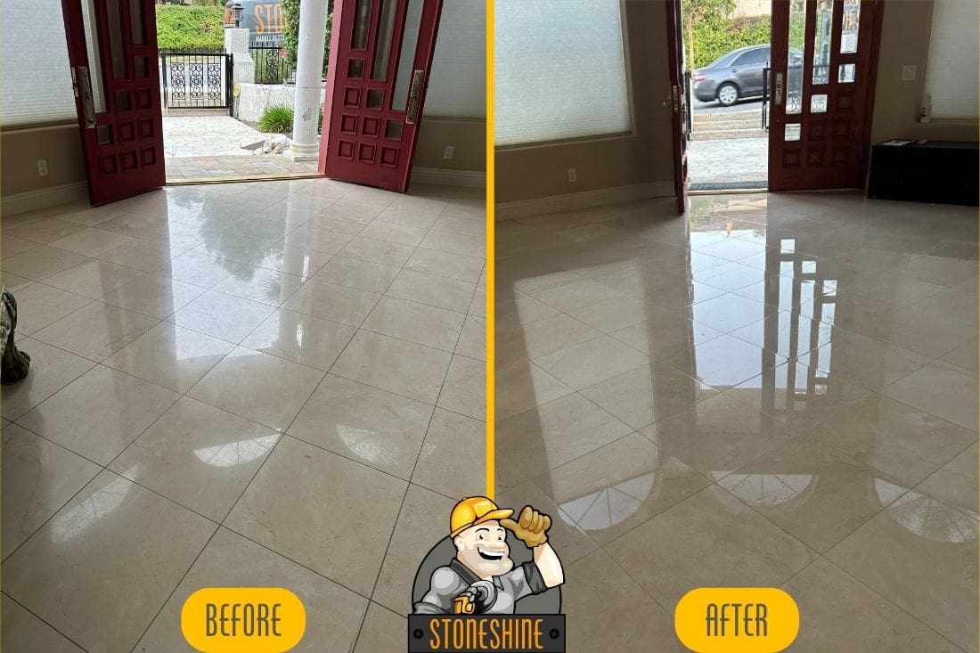 Before and after comparison of marble floor restoration in Calabasas, showcasing the enhanced shine and reflection after professional polishing by StoneShine.