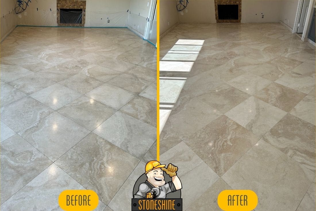 Before and after comparison of a marble floor restoration in Laguna Beach, showcasing the transformation from a dull, worn surface to a refreshed, sealed finish, enhancing the stone’s natural beauty without a glossy finish.