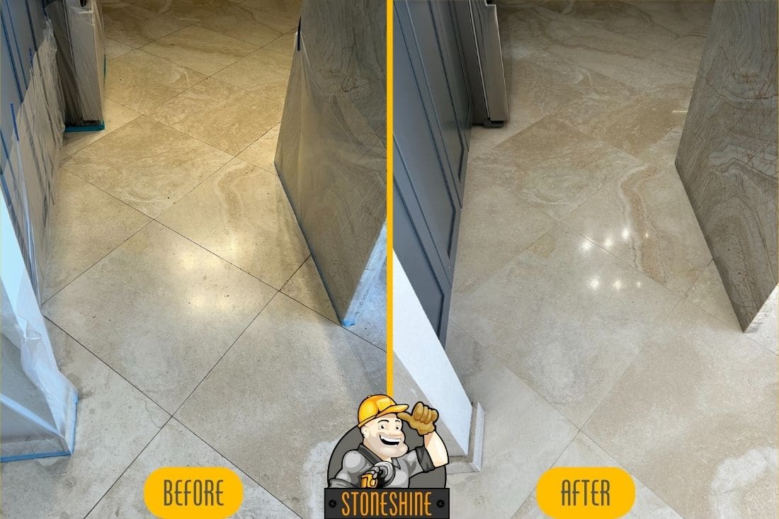 Before and after image of marble floor restoration at a doorway area in Laguna Beach, highlighting the enhanced natural appearance and durability after sealing, without a glossy finish.