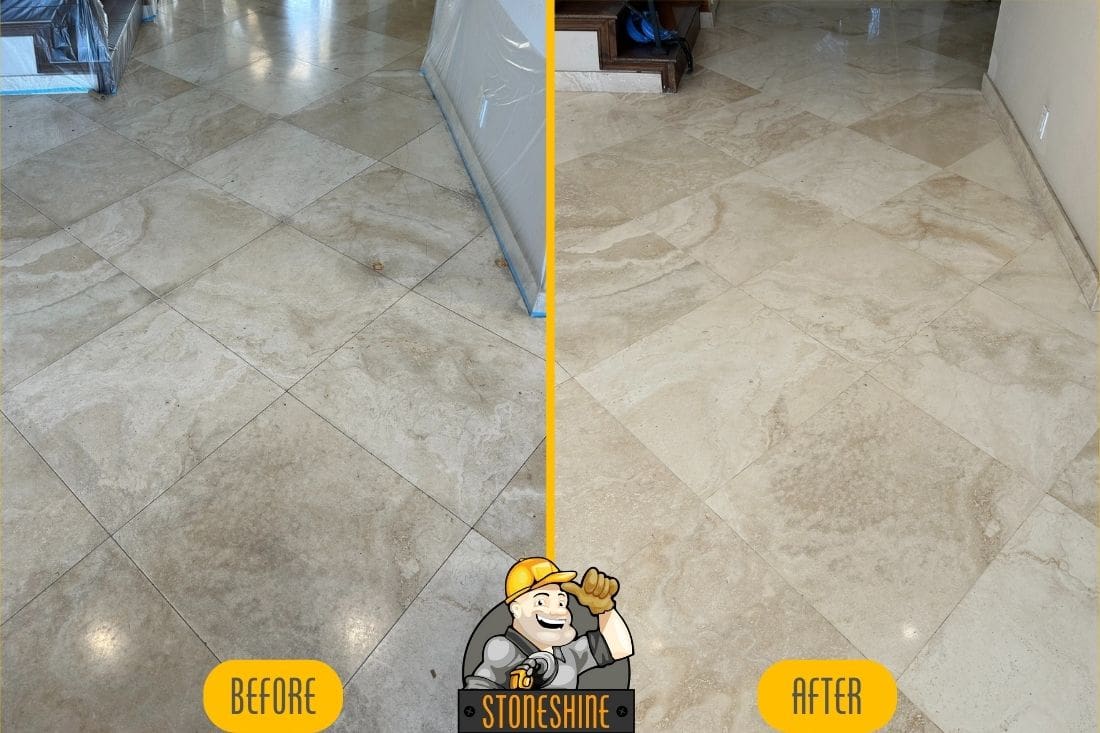 Before and after image of marble floor restoration near a staircase in Laguna Beach, showcasing a revitalized surface with a natural finish and enhanced durability after sealing.