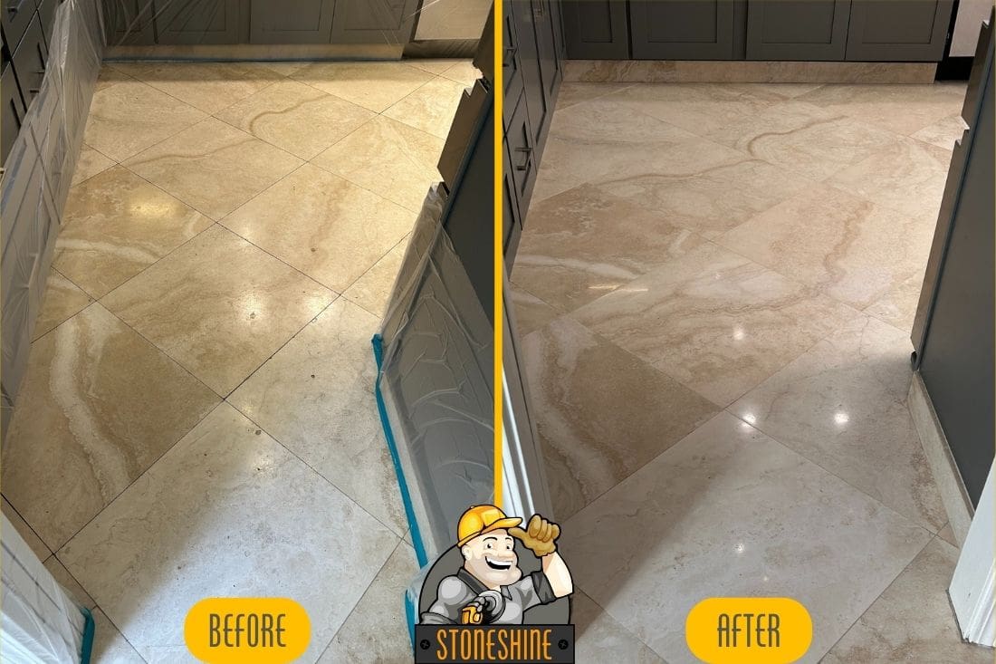 Before and after image of marble floor restoration in a kitchen area in Laguna Beach, highlighting the improved surface with a natural, sealed finish, enhancing durability without a reflective finish.