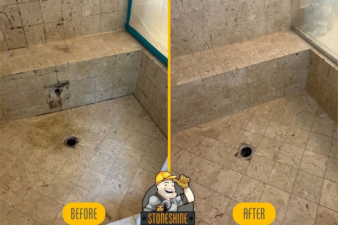 Before and after comparison of marble shower restoration in Bel Air, highlighting cleaning, polishing, and sealing to revive the stone’s appearance and enhance durability.