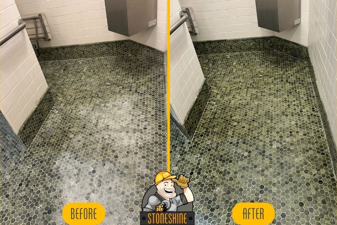 Before and after image showcasing a marble shower restoration in Los Angeles, highlighting the transformation from a dull, worn surface to a polished, clean finish.