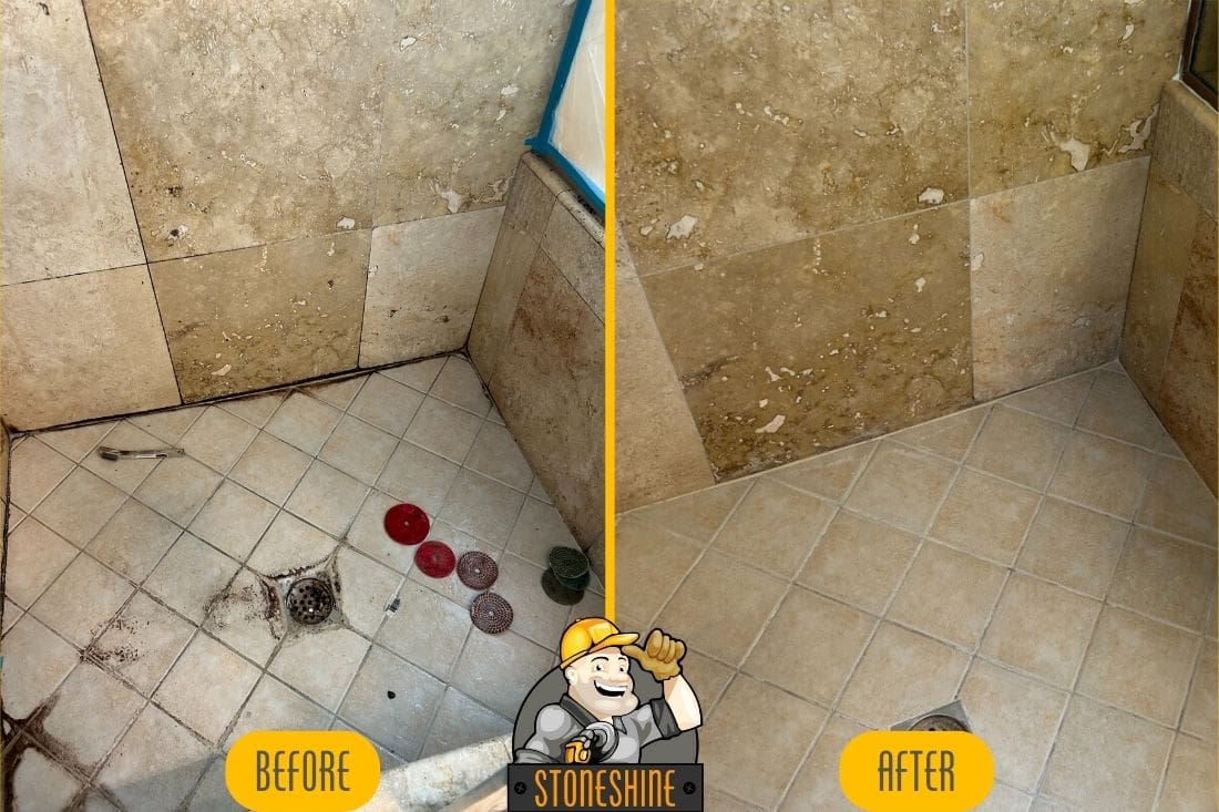 Before and after comparison of travertine shower restoration in Laguna Beach, showcasing cleaned tiles and grout for longevity and improved appearance.