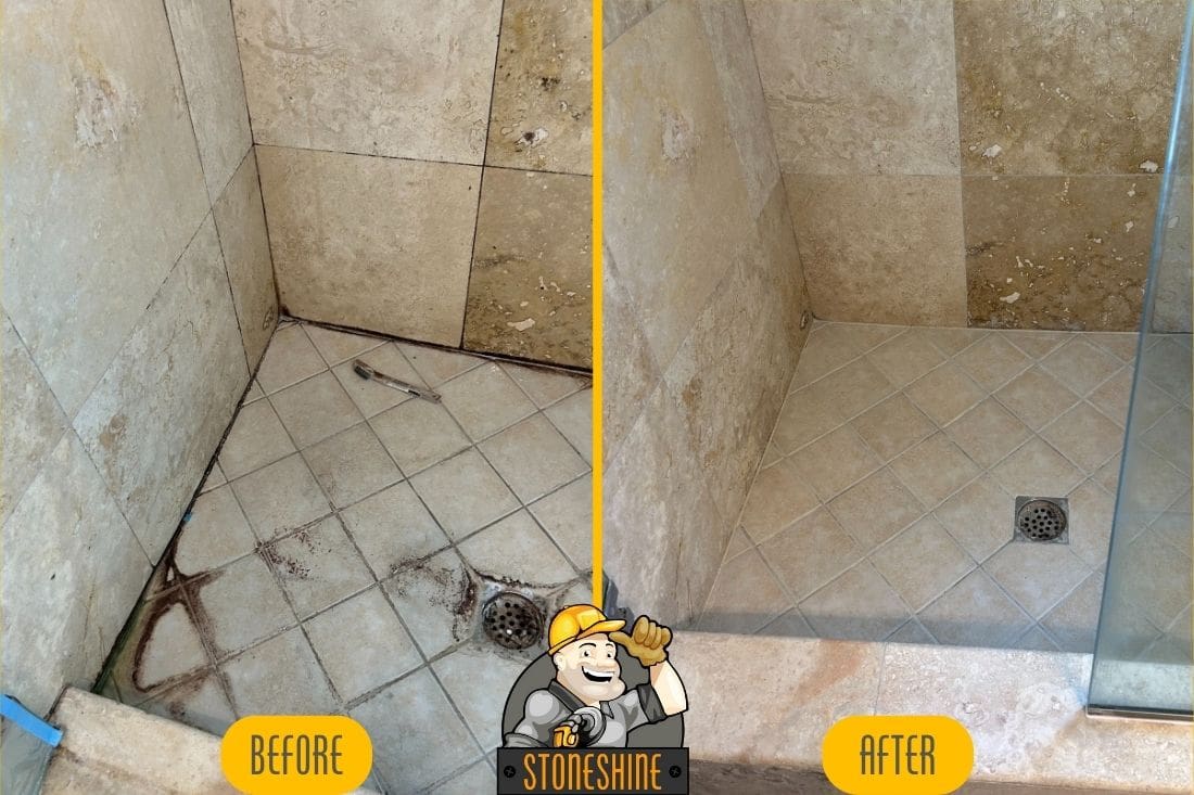 Before and after images of travertine shower restoration in Laguna Beach. The before image shows dirty, stained tiles with mold buildup, while the after image displays clean, restored tiles following professional deep cleaning and sealing by StoneShine Floor Care.