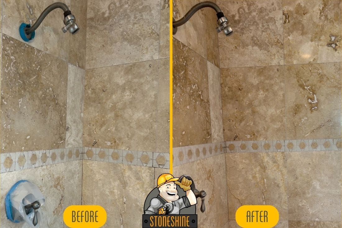 Before and after of travertine shower wall restoration in Laguna Beach, showing cleaned and sealed tiles.