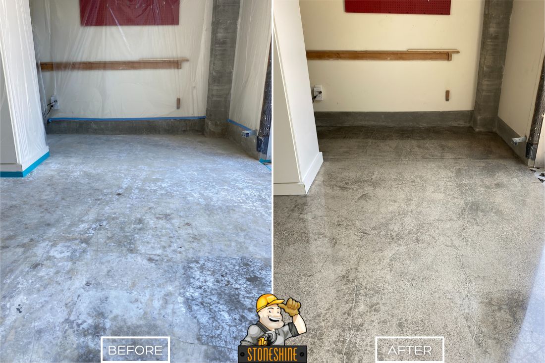 Concrete grinding and polishing service on a garage floor in Dana Point