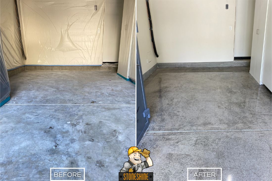 Concrete grinding and polishing service on a garage floor in Dana Point showing a shiny surface